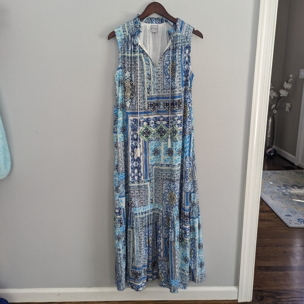 Women's Chico's Tile print Peasant Maxi Dress Size 1 = 8 Medium Blue White